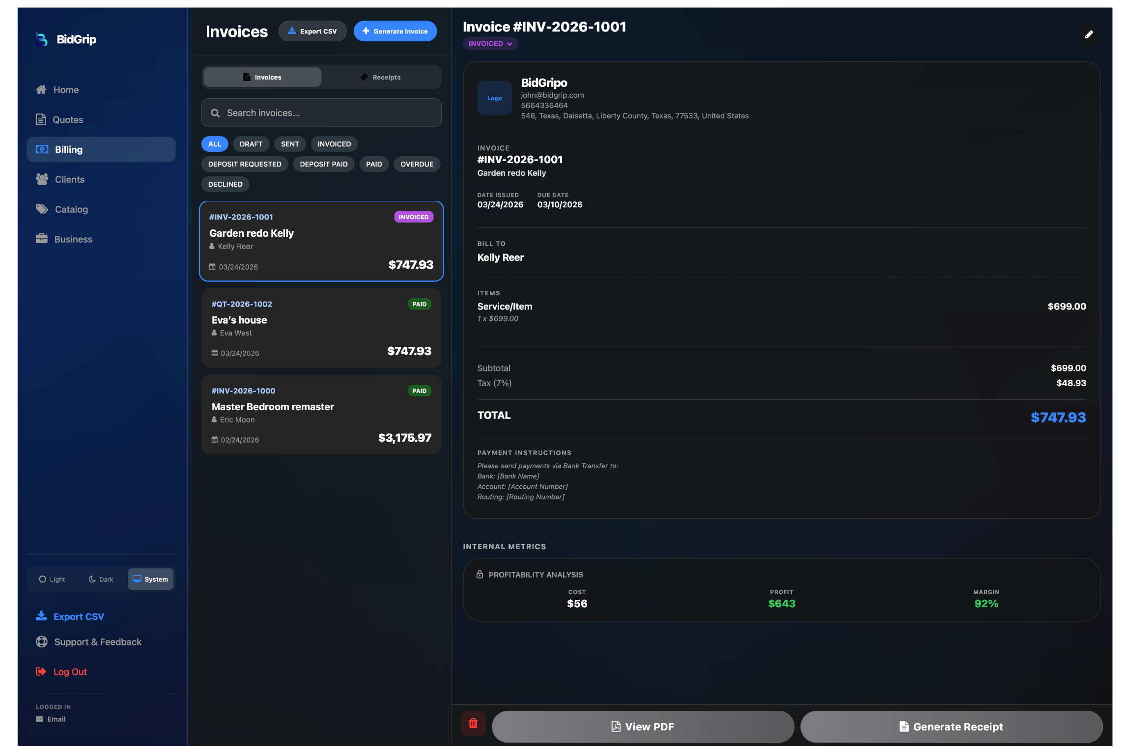 BidGrip web dashboard